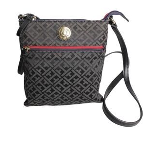 Tommy Hilfiger Women Black Monogram Crossbody Bag Gold Tone Hardware with Strap